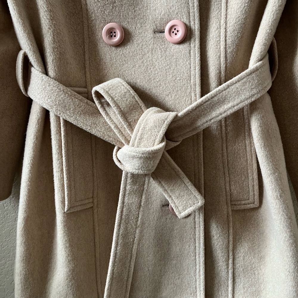 Women’s Beige Wool Blend Double Breasted Peacoat Belted Trench Coat Medium - Picture 4 of 15